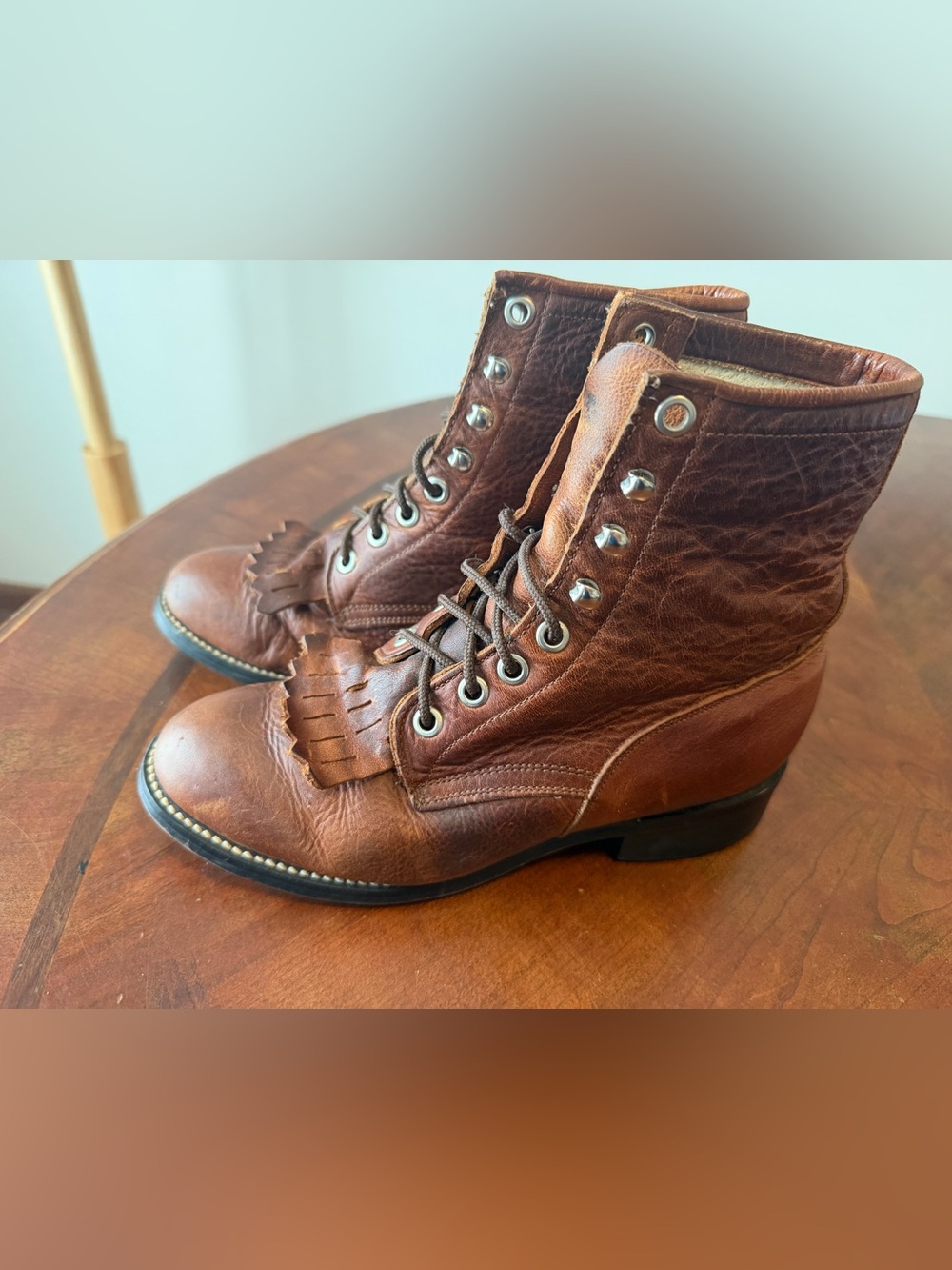 Justin Brown Leather Roper Kiltie Boots Youth Size 1.5 Western Ankle Booties